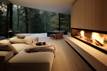 Fototapeta premium Cozy modern living room with fireplace and forest view Generative AI image