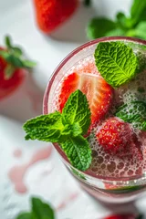 Schilderijen op glas Refreshing strawberry drink with mint leaves close-up Generative AI image © ADDICTIVE STOCK CORE