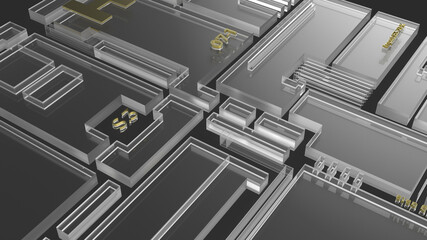 Abstract block diagram of a microchip, squared shaped design, abstract representation of electronic components and computing units, futuristic glass tech background, 3d rendering illustration