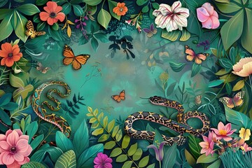 Digital art of a vibrant snake among tropical flowers signaling exotic wildlife - obrazy, fototapety, plakaty