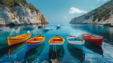 Colorful fishing boats anchored in a tranquil bay with rocky cliffs and clear blue waters - obrazy, fototapety, plakaty