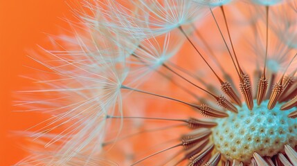 Detailed Close-Up of Dandelion Flower on Vibrant Orange Backdrop, Botanical Macro Photography. Stunning photo of dandelion bloom on solid orange backdrop, showcasing intricate petals and seeds. 