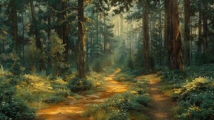 Tranquil forest trail lined by towering redwood trees, enveloped in a serene atmosphere - obrazy, fototapety, plakaty