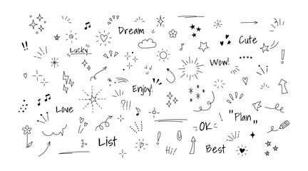 Doodle icon set. Doodle pen line elements. Glitter, heart, arrow, star, sparkle decoration symbol set icon. Pattern elements. Vector illustration.
