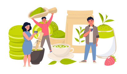 Tiny funny people with matcha products. Traditional green japanese tea elements, leaves and powder, sweet desserts, tasty rolls and macaroons, cartoon flat style isolated vector concept
