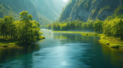 Serene river flowing through a lush, sunlit valley surrounded by steep cliffs - obrazy, fototapety, plakaty