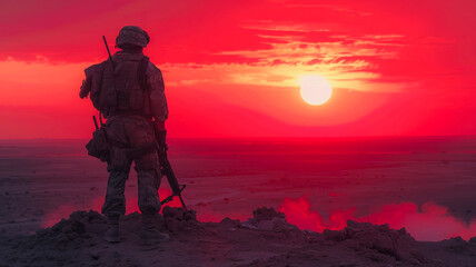 Soldier Silhouetted Against Sunset