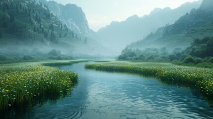Serene river flowing through a lush, sunlit valley surrounded by steep cliffs - obrazy, fototapety, plakaty