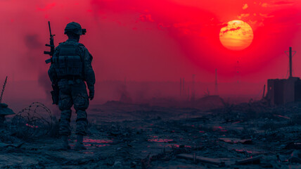 Soldier Silhouetted Against Sunset