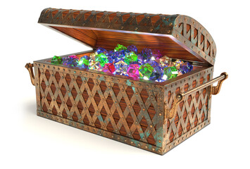 Antique treasure chest. Old wooden chest with gems and open half round top. 3d illustration on white background