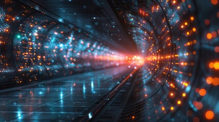 Advanced technology hub: A vibrant, illuminated data center corridor reflecting futuristic connectivity