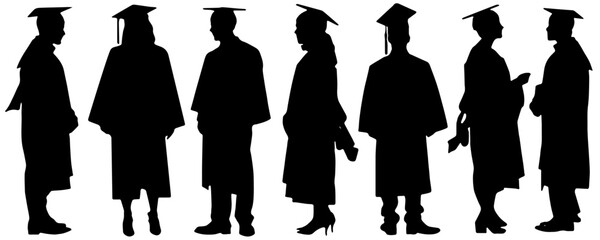silhouettes of graduates wearing caps and gowns, isolated 