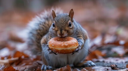 Sugar Bandit.  Sly Squirrel Making Off with a Large Donut
