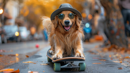 Street Dog Takes on the Town with Oversized Sunglasses and a Skateboard