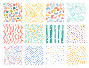 Hand drawn doodle textures. Cute spots and dashes, circular, linear patterns, trendy abstract elements, repeated strokes, dots, childish textile and clothes decor. Backgrounds vector set