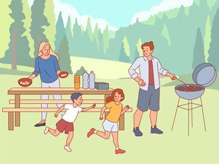 Family barbecue party. Parents cook meat on grill, children play outdoors, lunch in nature, happy people actively relaxing, leisure outdoor together, cartoon flat style vector concept