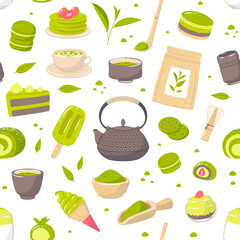 Green matcha desserts seamless pattern. Japanese tea, hot drink and brewing accessories, ice cream, macaroons and cake. Decor textile, wrapping, wallpaper design. Vector background