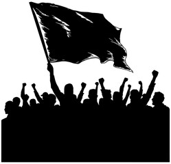 silhouette of a crowd of people waiving a flag  - obrazy, fototapety, plakaty
