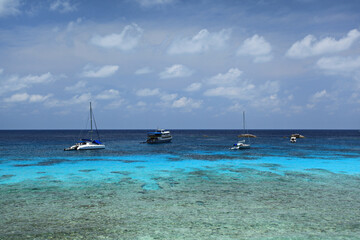 Fototapeta premium Panoramic view with blue sky and clouds on Similan Island No.8 at Similan national park. Phuket, Thailand. View from the sailing rock viewpoint 