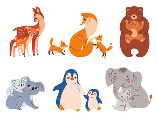 Cute animal moms and babies. Cartoon funny mothers and children, fauna characters, parent with kids, lovely zoo families, little deer, fox and bear, exotic koala, penguin and elephant vector set