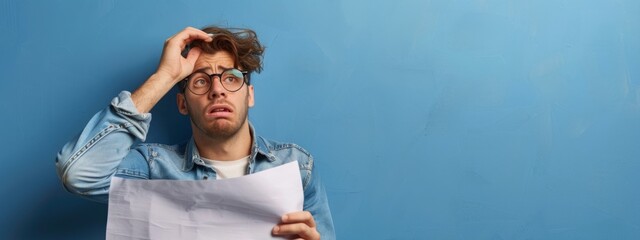 Frustrated young man in eyewear holding paper correspondence in hands feeling stressed of getting bad news having unexpected financial problem getting bank loan rejection or eviction letter - obrazy, fototapety, plakaty