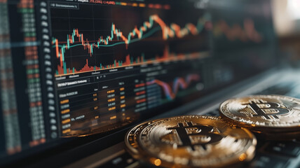 Bitcoins on a laptop with a stock market chart on background, earnings concept