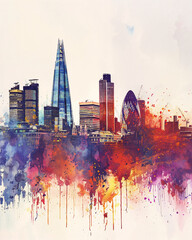 Modern London skyline illustration, city buildings and iconic landmarks like Big Ben tower, The Gherkin, The Shard, Tower Bridge, Westminster