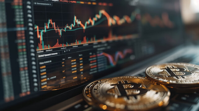 Bitcoins on a laptop with a stock market chart on background, earnings concept