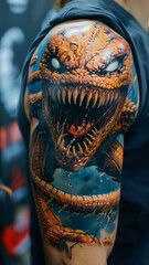 Tattoos on arm.  Man with tattoo