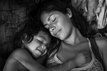 A mother watches over her child, who smiles while sleeping