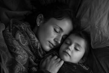 A mother watches over her child, who smiles while sleeping