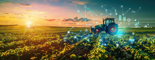 concept of remote control of a tractor without a driver, collection and analysis of data obtained from the field for sowing crops using artificial intelligence. AI generated illustration - obrazy, fototapety, plakaty