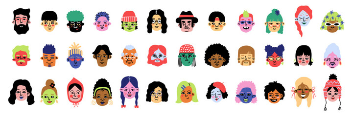Abstract people portraits. Contemporary quirky characters, comic faces with various emotions, colorful human funny heads, doodle men and women, cartoon flat style isolated tidy vector set