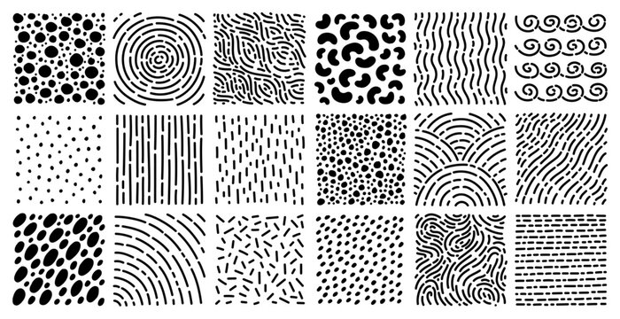 Abstract black doodle textures. Trendy monochrome simple patterns, hand drawn ink elements, repeated dots, dashes and spots, scribble geometric backdrop ornament design, vector backgrounds set