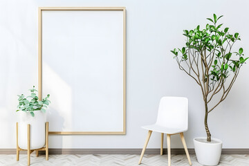 Empty wooden picture frame mockup hanging on wall background.