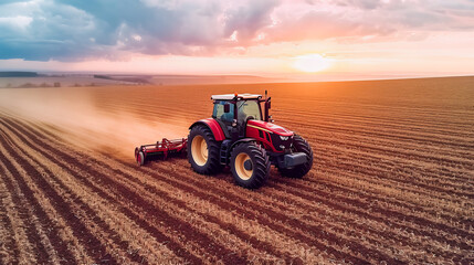 Tractor in the Fields. Farming Landscape