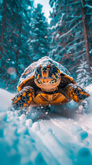 Skiing Turtle in a Winter Wonderland. Turtle on the Trails