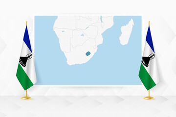 Map of Lesotho and flags of Lesotho on flag stand.