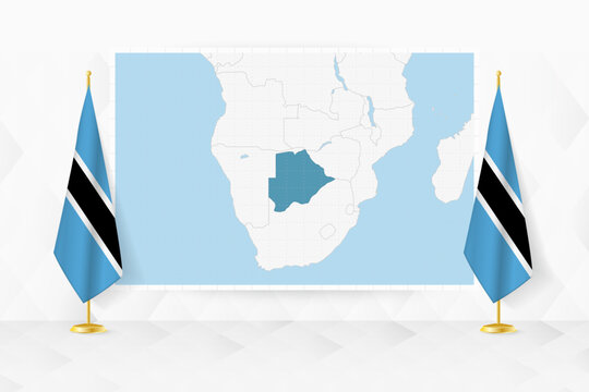 Map of Botswana and flags of Botswana on flag stand.