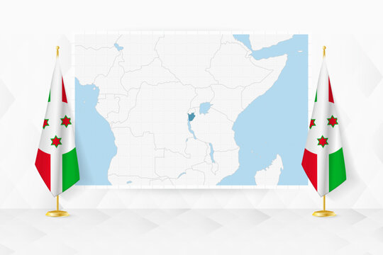 Map of Burundi and flags of Burundi on flag stand.