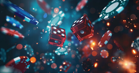 Casino dice on a dark background. Showcase of elements for online casino banner design - obrazy, fototapety, plakaty