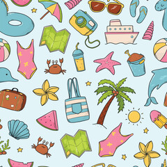 Summer doodles nursery pattern, wallpaper, background, wrapping paper, textile print. Summer seamless surface pattern with hand drawn cartoon elements. EPS 10