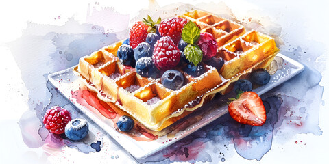 Watercolor painting of a waffle topped with an assortment of juicy berries and syrup, rendered in vibrant hues with a splashy, artistic background.