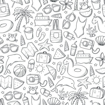 Summer monochrome pattern with hand drawn doodles. Summer surface print, nursery coloring page, wallpaper, wrapping paper, scrapbook, background design. EPS 10