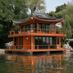 Unique Modern Apricot-Colored Chinese Boathouse