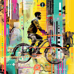 An abstract digital collage of an urban cyclist navigating through a bustling cityscape.