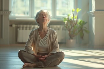 Senior woman sitting in meditation pose with closed eyes on the floor of large room.