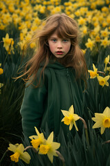 A young girl with flowing hair stands amidst a field of daffodils, her striking gaze and green coat contrasting with the vibrant yellow flowers.