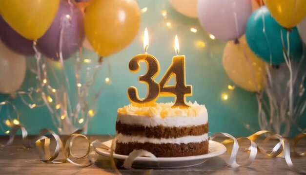 34th year birthday cake on isolated colorful pastel background
