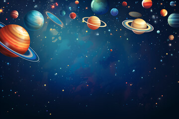 Stylized illustration of the solar system with colorful planets strung like garlands against a starry space background, banner style.